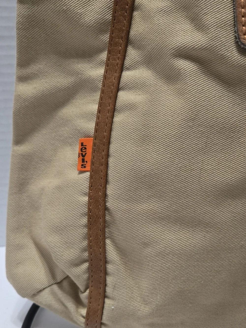 Levi's beige cotton canvas tote W/ brown leather trim & structural top handles